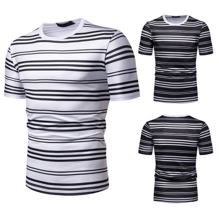 New Summer Men's Short-Sleeved T-Shirt Mens Contrast Striped Slim Casual T-Shirt