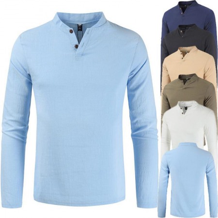 Men's Cotton and Linen Long-Sleeved Pullover Fashion Urban Unhooded Stand-Up Collar Men's T-Shirt