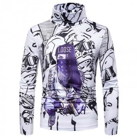 Men's Large Size 3D Character Print High Neck Long Sleeve T-Shirt Bottoming Shirt