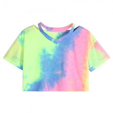 Summer New Hot Sale Tie-Dye V-Neck Short T-Shirt