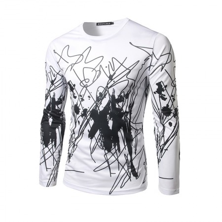 New Style Men's Personality Black and White With Abstract 3D Printing Long-Sleeved Round Neck T-Shirt